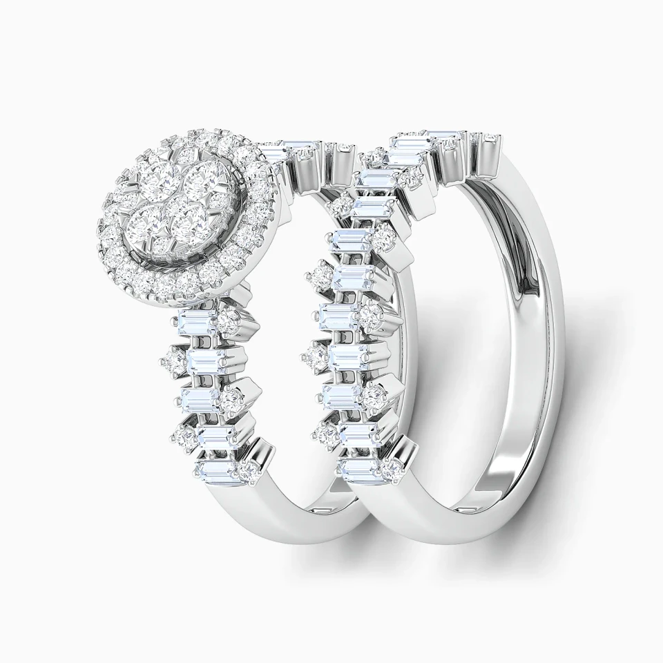 Baguette & Elevated Round Cluster Diamond Twin Rings in 18K Gold Baguette & Elevated Round Cluster Diamond Twin Rings in 18K Gold