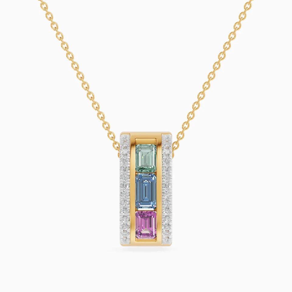 Rectangular Frame Colored Stones Diamond Necklace in 18K Gold Rectangular Frame Colored Stones Diamond Necklace in 18K Gold