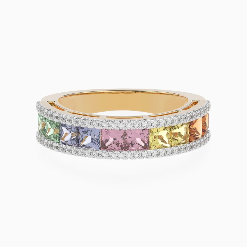 Vertical Rectangular Frame Colored Stones Diamond Ring in 18K Gold Vertical Rectangular Frame Colored Stones Diamond Ring in 18K Gold