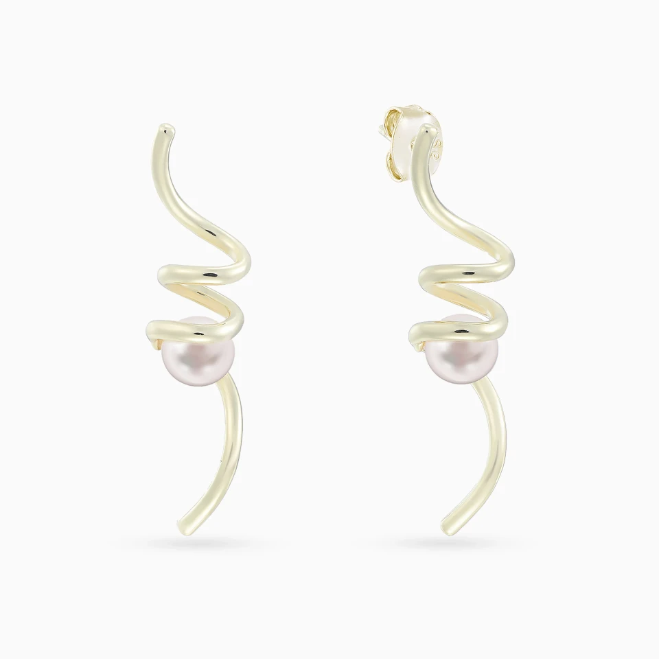 Spiral Fluid Line Pearl Drop Earrings in Yellow Gold Plated Spiral Fluid Line Pearl Drop Earrings in Yellow Gold Plated