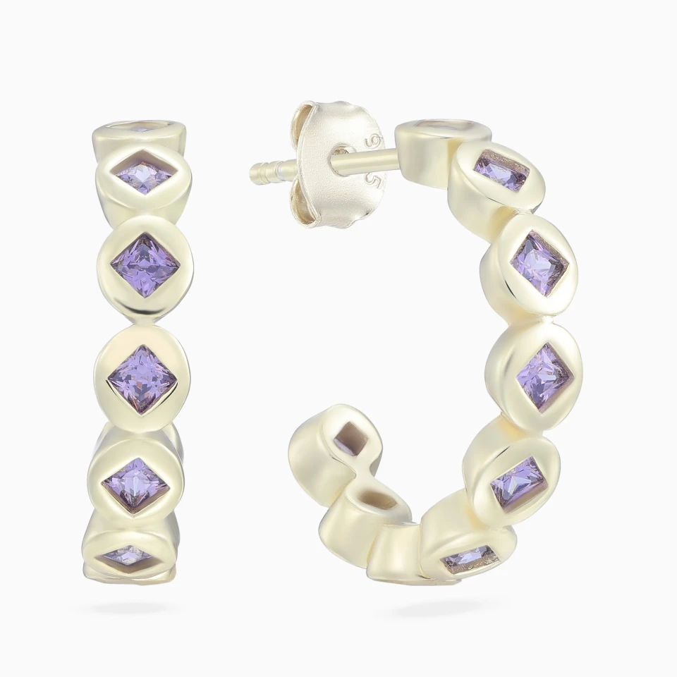Round Purple Stones Hoop Earrings in Yellow Gold Plating Round Purple Stones Hoop Earrings in Yellow Gold Plating
