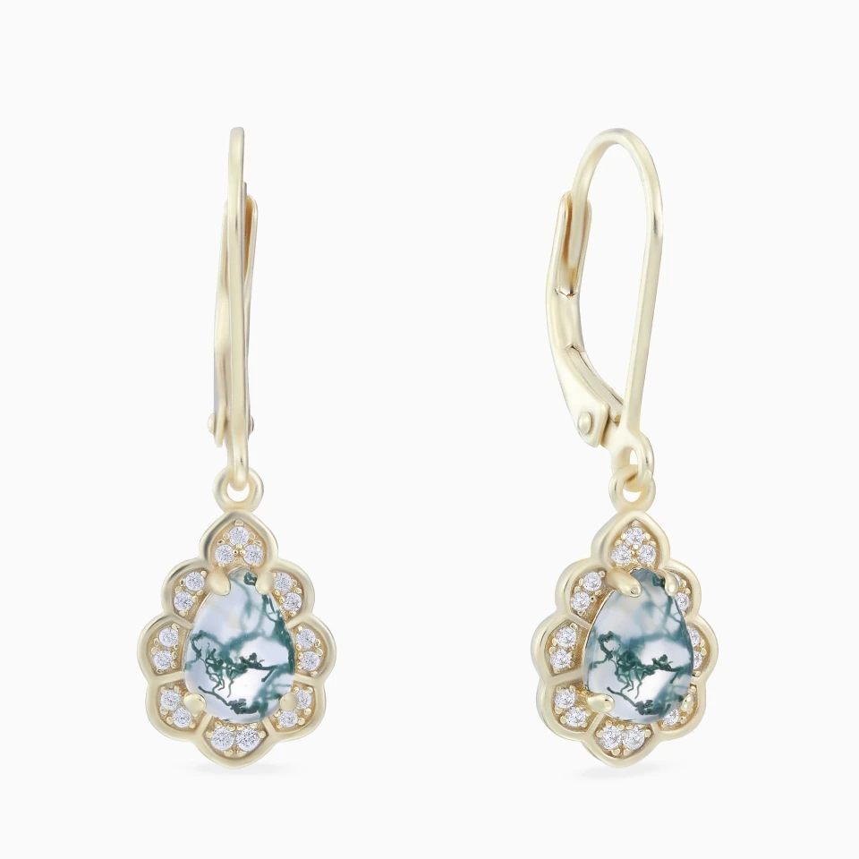 Scalloped Teardrop Cloudy Grey Stone Drop Earrings in Yellow Gold Plating Scalloped Teardrop Cloudy Grey Stone Drop Earrings in Yellow Gold Plating