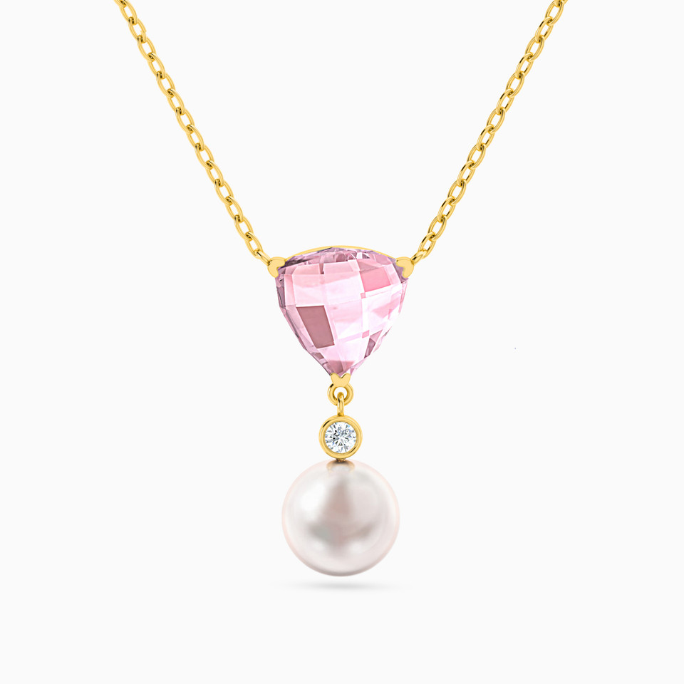 Heart Pink Stone & Pearl Drop Necklace in 18K Gold Heart Pink Stone & Pearl Drop Necklace in 18K Gold