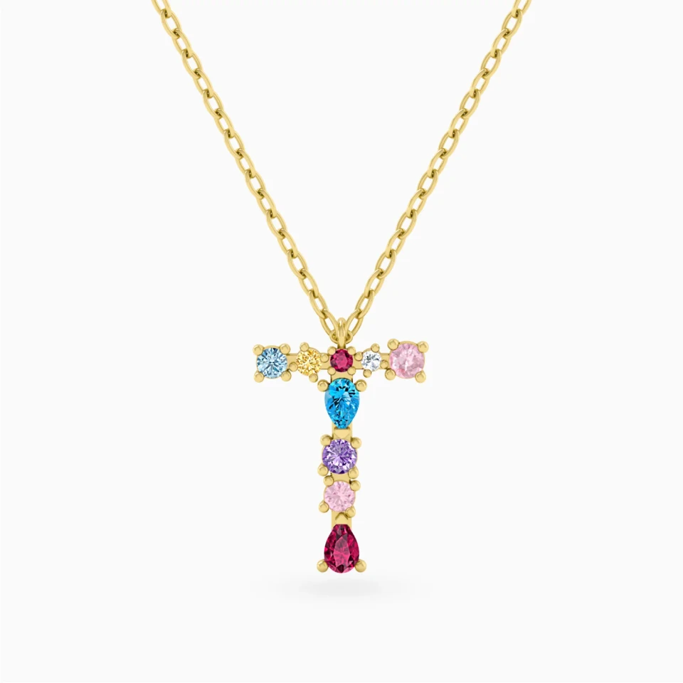 Letter T Colored Stones Pendant Necklace in 18K Gold Letter T Colored Stones Pendant Necklace in 18K Gold