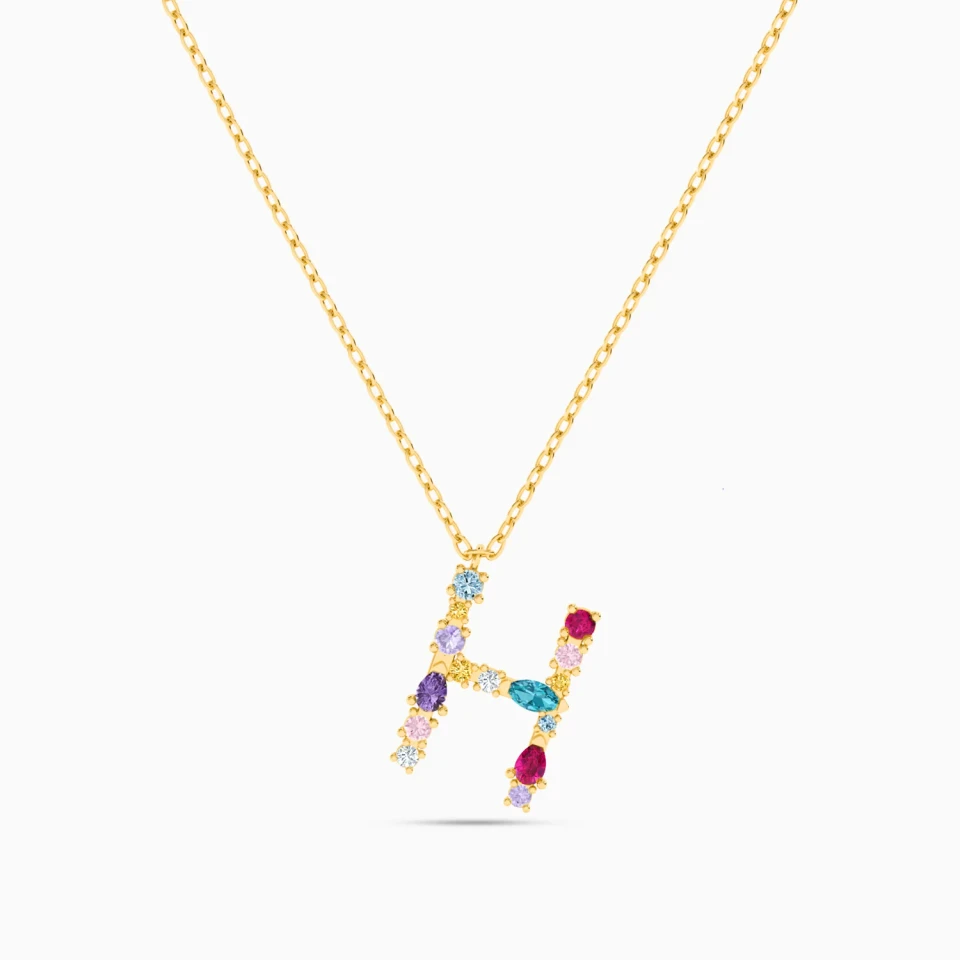 Letter H Colored Stones Pendant Necklace in 18K Gold Letter H Colored Stones Pendant Necklace in 18K Gold