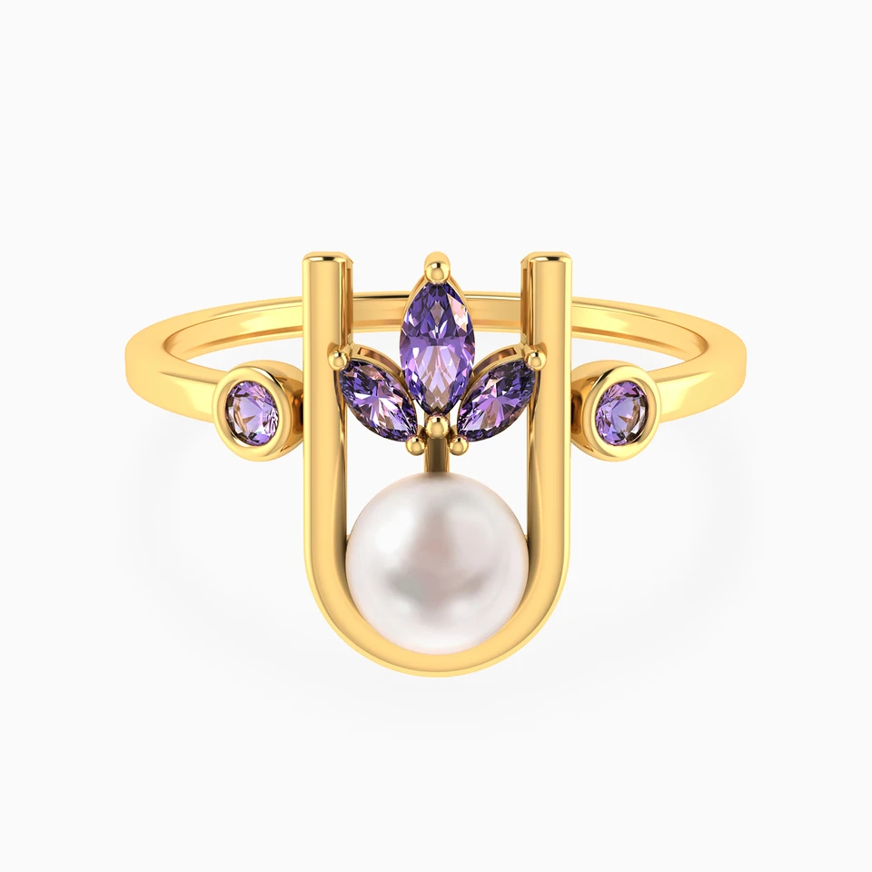 Curved Loop Lavender Stones & Pearl Ring in 18K Gold Curved Loop Lavender Stones & Pearl Ring in 18K Gold