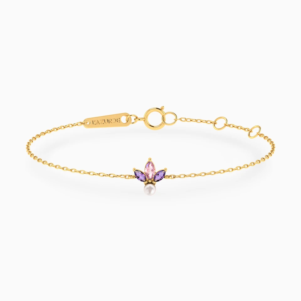 Three-Petal Marquise Colored Stones & Pearl Chain Bracelet in 18K Gold Three-Petal Marquise Colored Stones & Pearl Chain Bracelet in 18K Gold