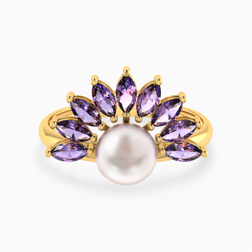 Floral Arc Marquise Lavender Stones & Pearl Ring in 18K Gold Floral Arc Marquise Lavender Stones & Pearl Ring in 18K Gold