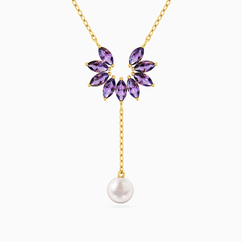 Floral Arc Marquise Lavender Stones & Pearl Y Shaped Necklace in 18K Gold Floral Arc Marquise Lavender Stones & Pearl Y Shaped Necklace in 18K Gold