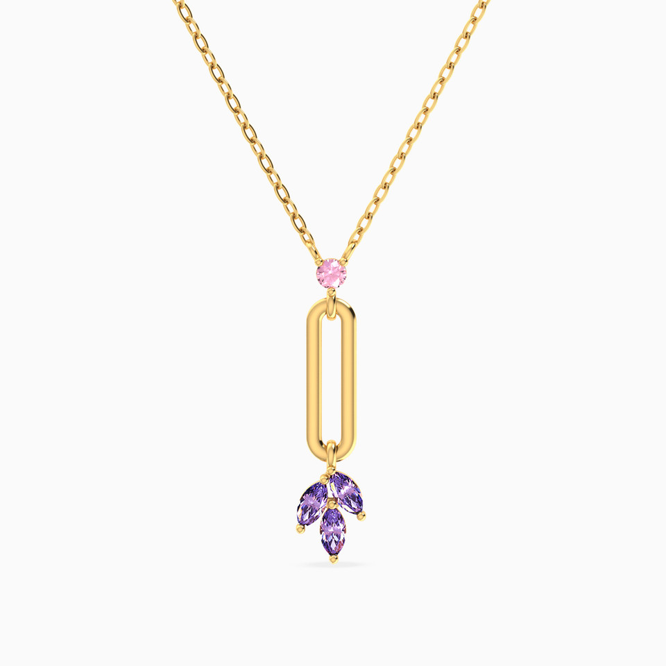 Elongated Open Links Floral Lavender Stones Necklace in 18K Gold Elongated Open Links Floral Lavender Stones Necklace in 18K Gold