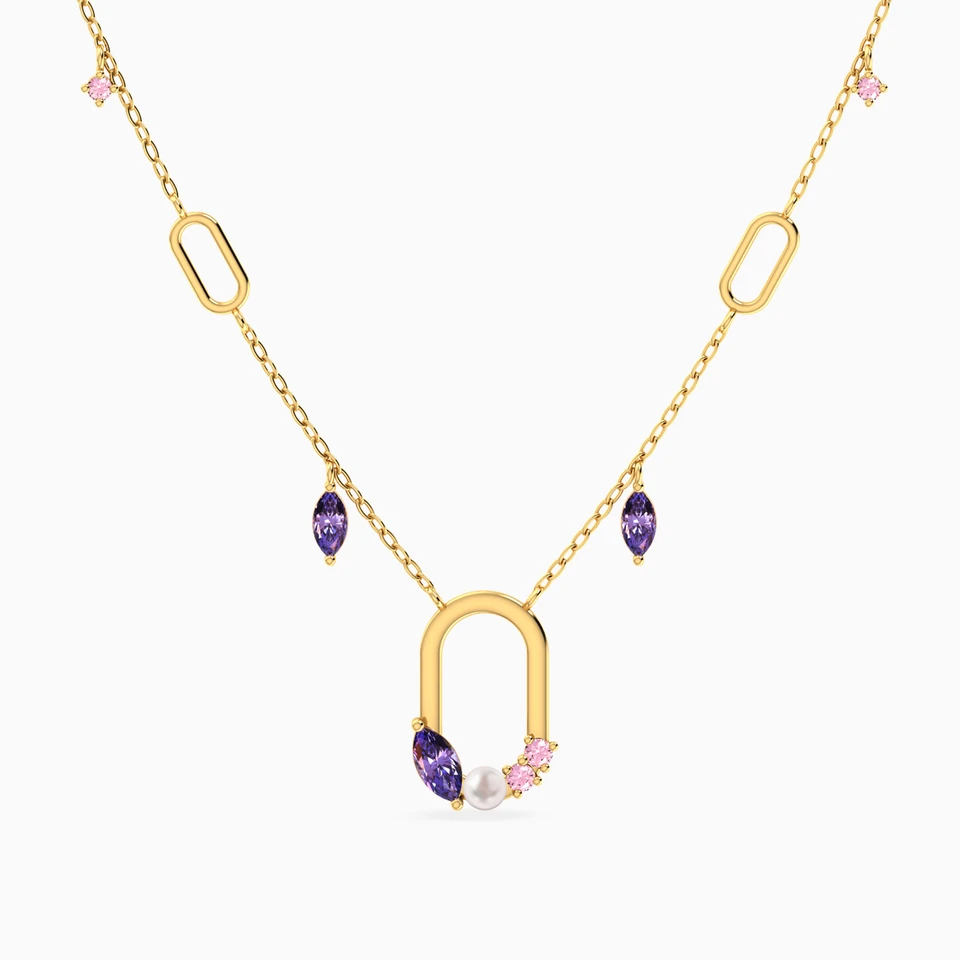 Oval Link Marquise Lavender Stones & Pearl Necklace in 18K Gold Oval Link Marquise Lavender Stones & Pearl Necklace in 18K Gold