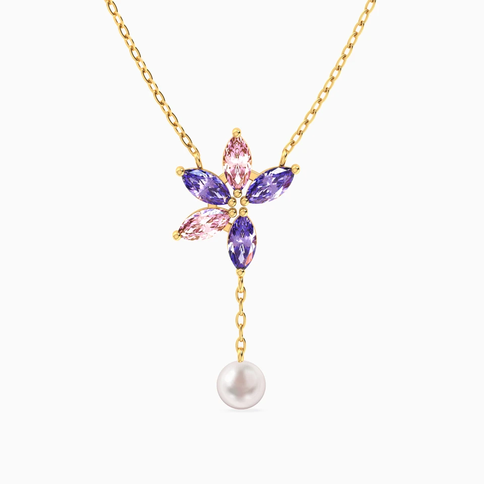 Floral Cluster Marquise Lavender Stones & Pearl Y Shaped Necklace in 18K Gold Floral Cluster Marquise Lavender Stones & Pearl Y Shaped Necklace in 18K Gold