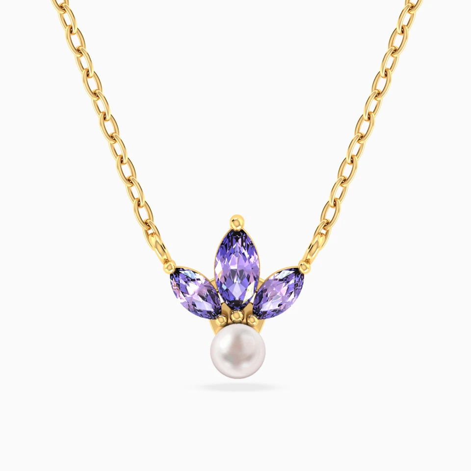 Three-Petal Marquise Lavender Stones & Pearl Necklace in 18K Gold Three-Petal Marquise Lavender Stones & Pearl Necklace in 18K Gold