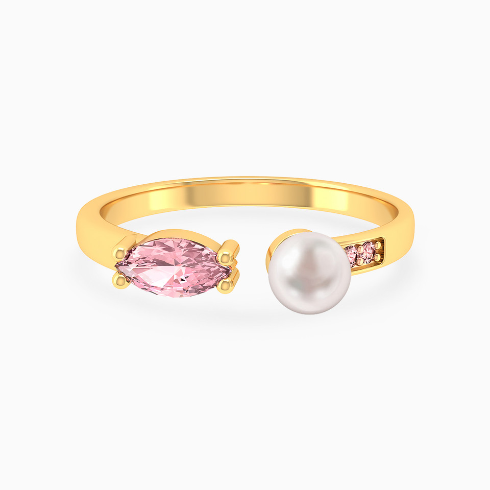 Horizontal Marquise Rose Stone & Pearl Open Ring in 18K Gold Horizontal Marquise Rose Stone & Pearl Open Ring in 18K Gold