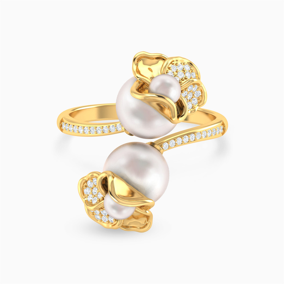 Sculpted Floral Pearl Diamond Open Ring in 18K Gold Sculpted Floral Pearl Diamond Open Ring in 18K Gold
