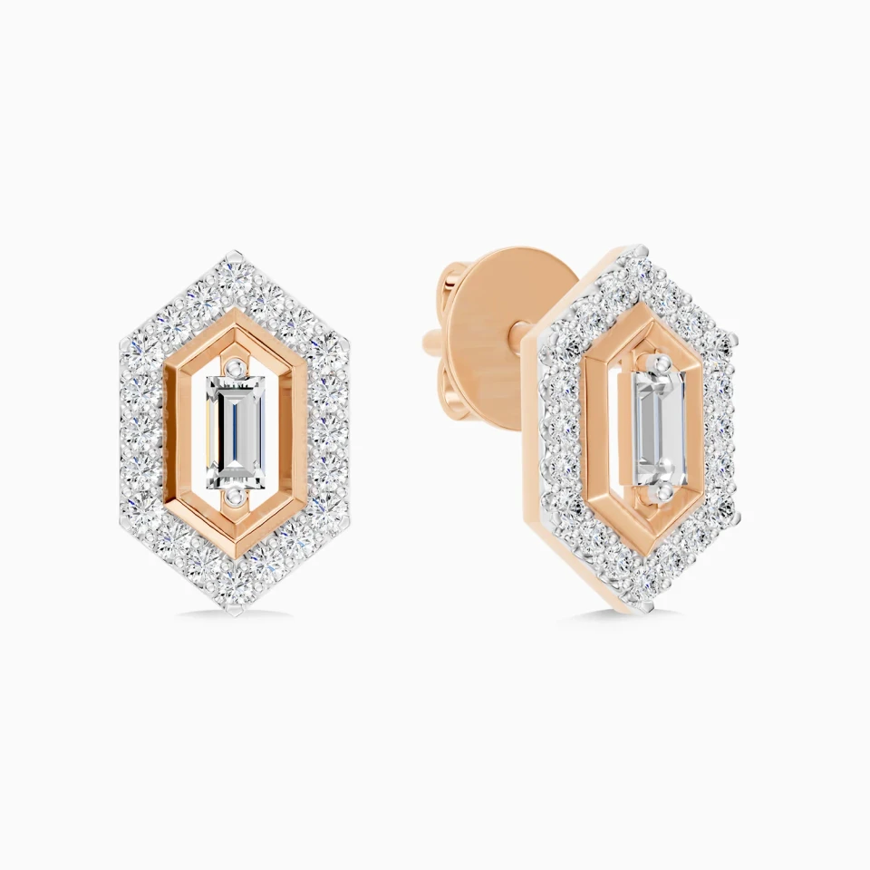 Hexagon Baguette Halo Diamond Stud Earrings in 18K Gold Hexagon Baguette Halo Diamond Stud Earrings in 18K Gold