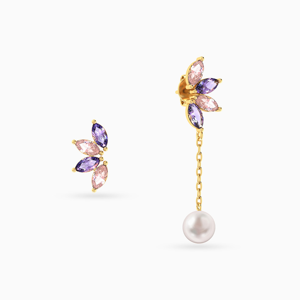Mismatched Floral Colored Stones & Pearl Drop Earrings in 18K Gold Mismatched Floral Colored Stones & Pearl Drop Earrings in 18K Gold