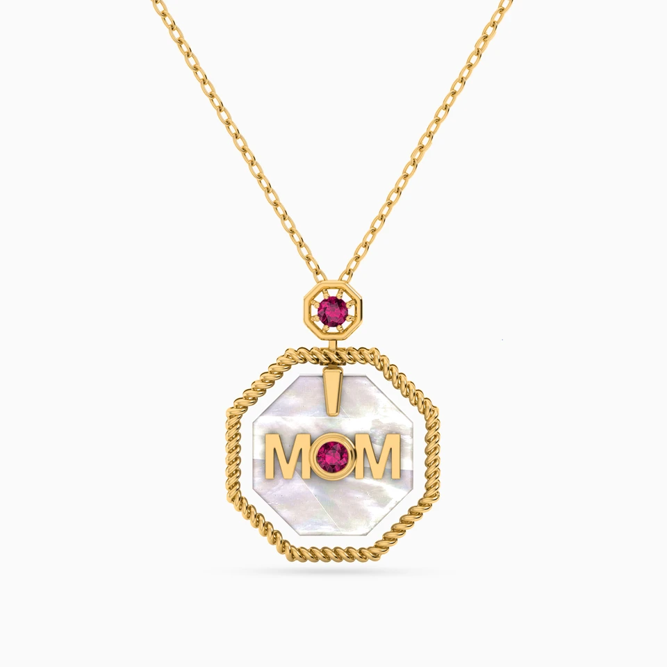 Mom Word Pink Stone Necklace in 18K Gold Mom Word Pink Stone Necklace in 18K Gold