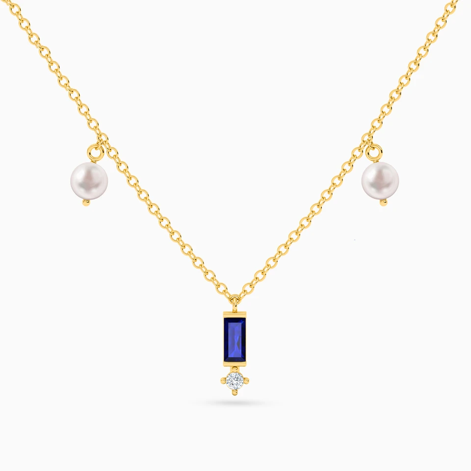 Baguette Pearl & Blue Stone Chain Necklace in 18K Gold Baguette Pearl & Blue Stone Chain Necklace in 18K Gold
