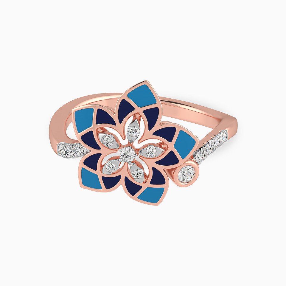 Flower Diamond & Enamel Coated Ring in 18K Gold - 2 Flower Diamond & Enamel Coated Ring in 18K Gold - 2