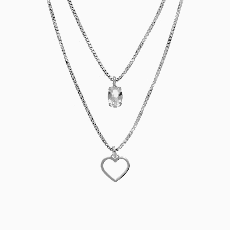 Heart Clear Stone Sterling Silver Layered Necklace Heart Clear Stone Sterling Silver Layered Necklace