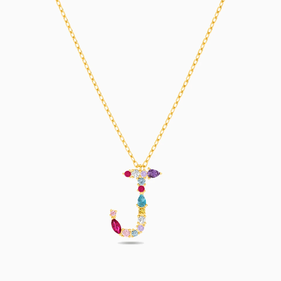 Letter J Colored Stones Necklace in 18K Gold Letter J Colored Stones Necklace in 18K Gold