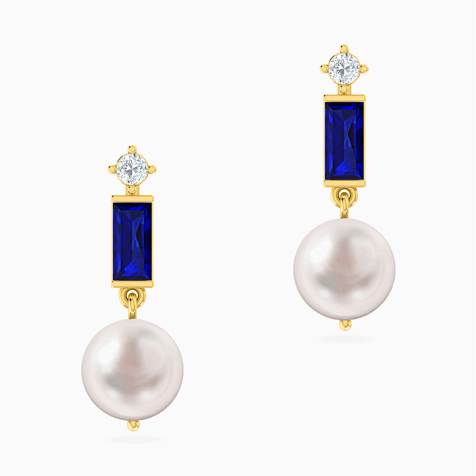 Round Pearls & Blue Stone Drop Earrings in 18K Gold Round Pearls & Blue Stone Drop Earrings in 18K Gold