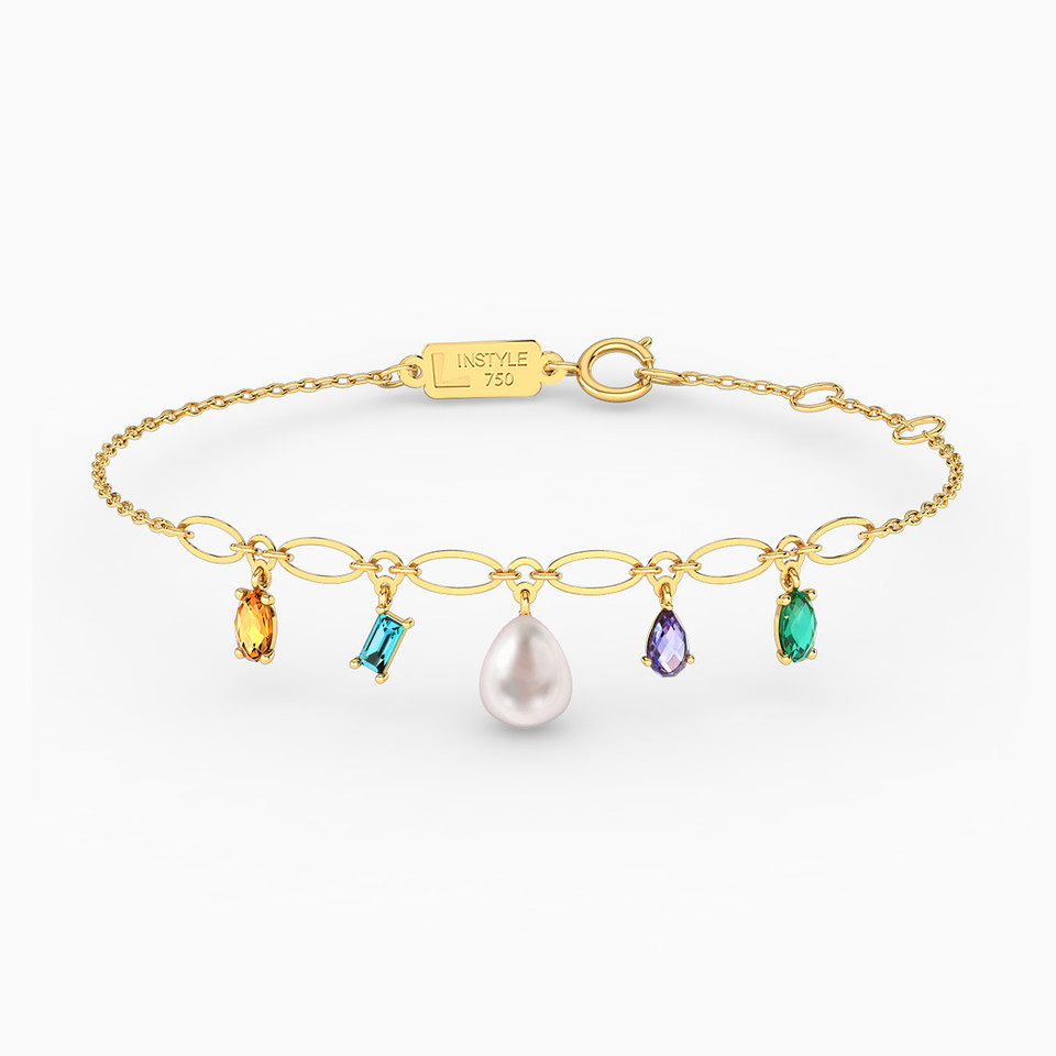 Multishaped Pearls & Colored Stones Charm Bracelet in 18K Gold Multishaped Pearls & Colored Stones Charm Bracelet in 18K Gold