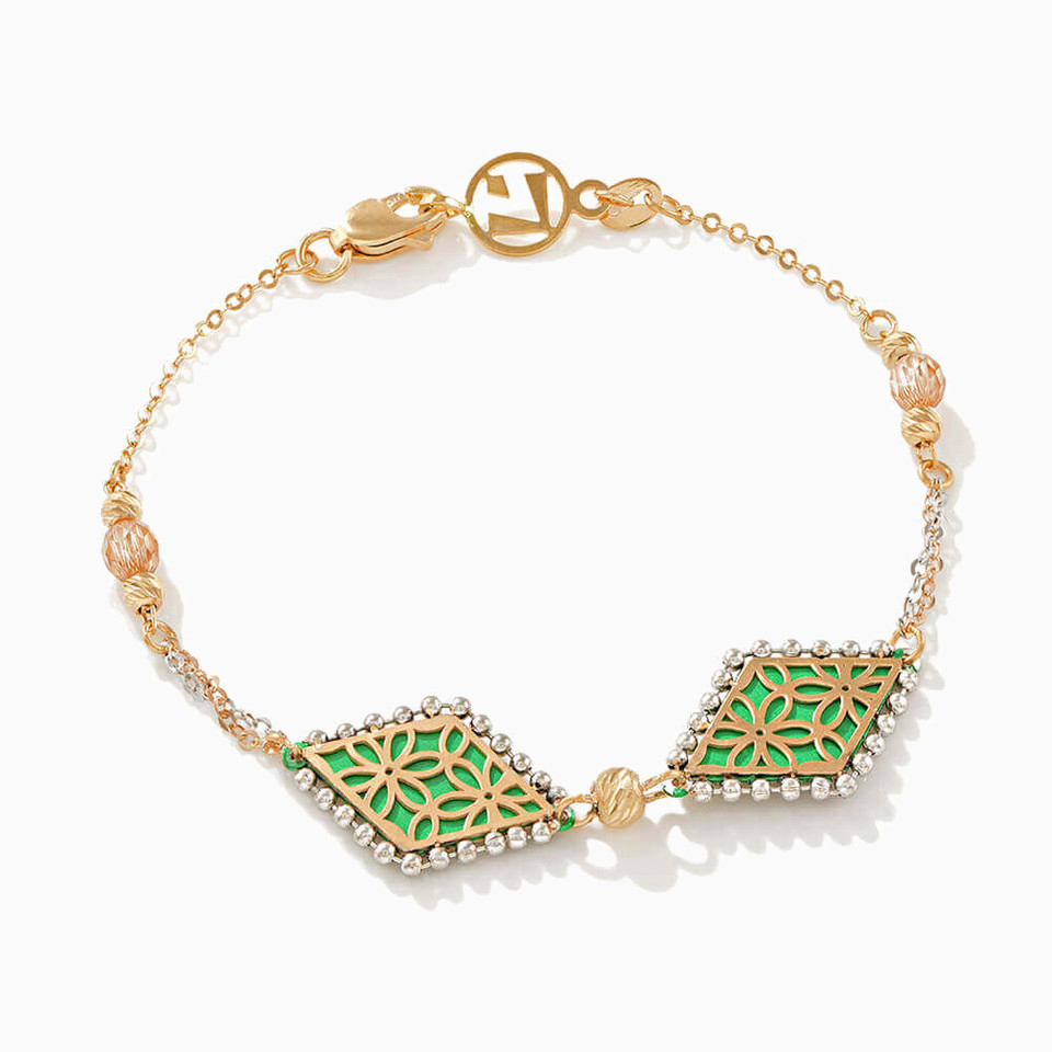 Rhombus Green Stones Chain Bracelet in 21K Gold Rhombus Green Stones Chain Bracelet in 21K Gold