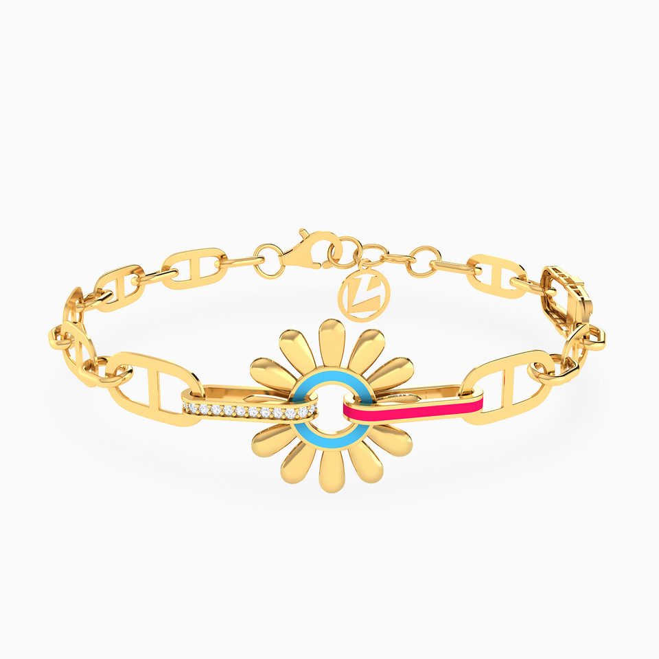Flower Colored Stones & Enamel Coated Chain Bracelet in 18K Gold Flower Colored Stones & Enamel Coated Chain Bracelet in 18K Gold