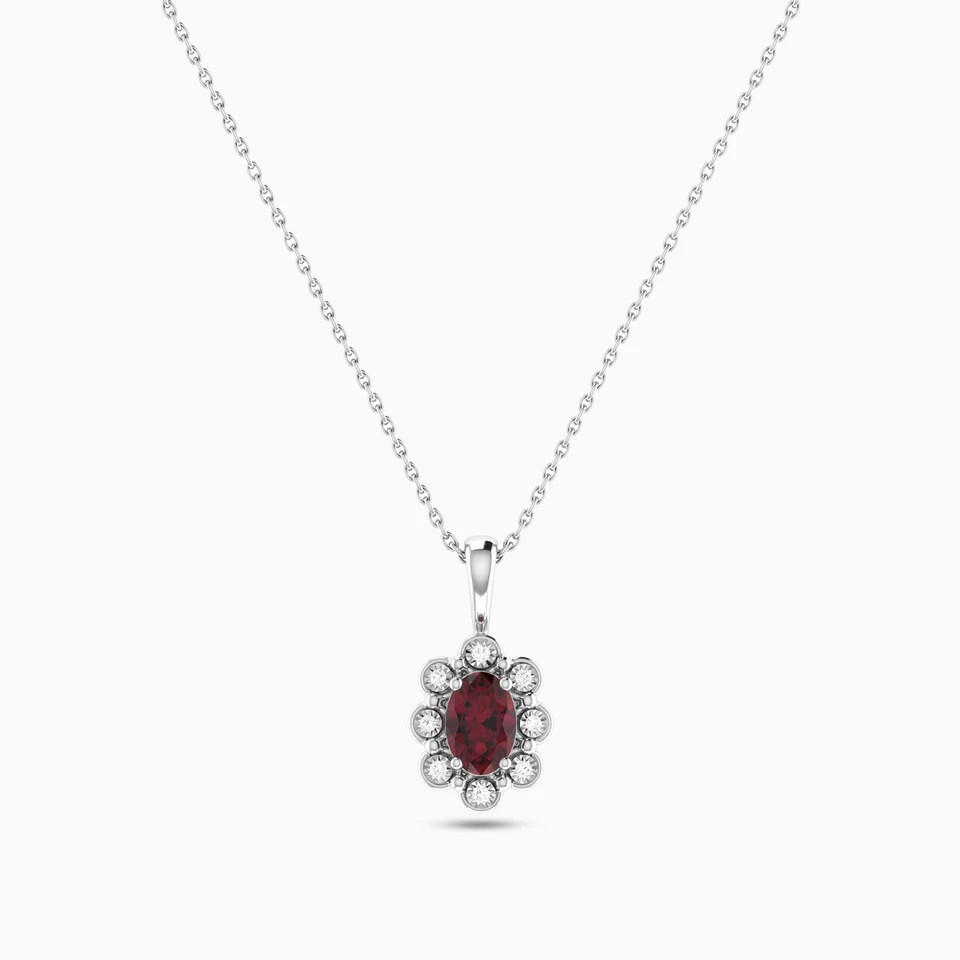 Oval Diamond & Red Stone Necklace in 18K Gold Oval Diamond & Red Stone Necklace in 18K Gold