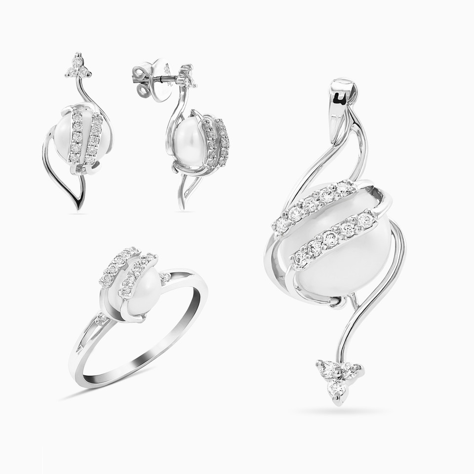 Swirl Diamond & Pearl Half Set in 18K Gold (3 Pieces) - 2 Swirl Diamond & Pearl Half Set in 18K Gold (3 Pieces) - 2