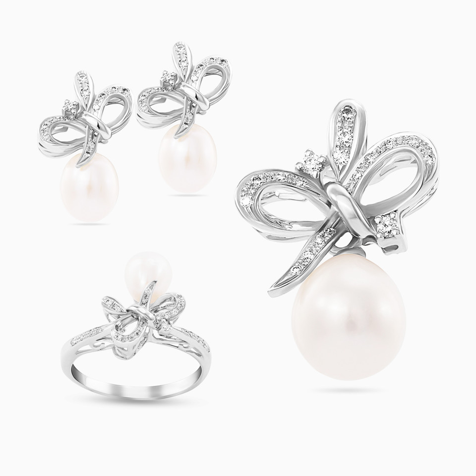 Ribbon Diamond & Pearl Half Set in 18K Gold (3 Pieces) - 2 Ribbon Diamond & Pearl Half Set in 18K Gold (3 Pieces) - 2