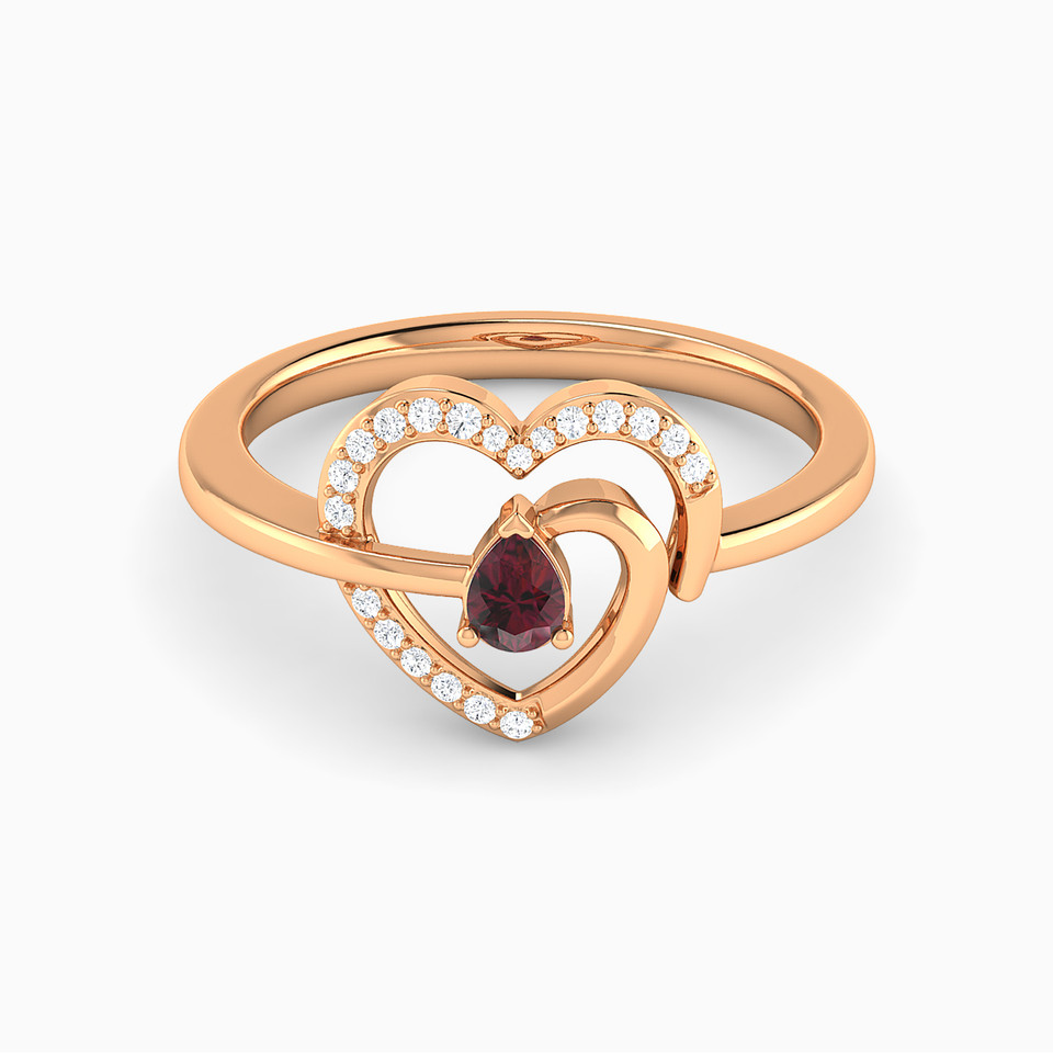 Heart Diamond & Red Stone Ring in 18K Gold - 2 Heart Diamond & Red Stone Ring in 18K Gold - 2