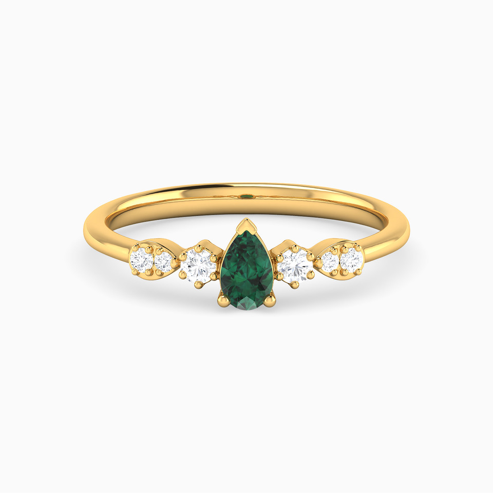 Pear Diamond & Green Stones Ring in 18K Gold - 2 Pear Diamond & Green Stones Ring in 18K Gold - 2