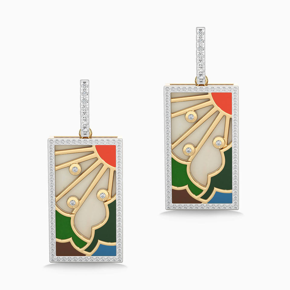 Rectangle Diamond & Enamel Coated Drop Earrings in 18K Gold - 2 Rectangle Diamond & Enamel Coated Drop Earrings in 18K Gold - 2