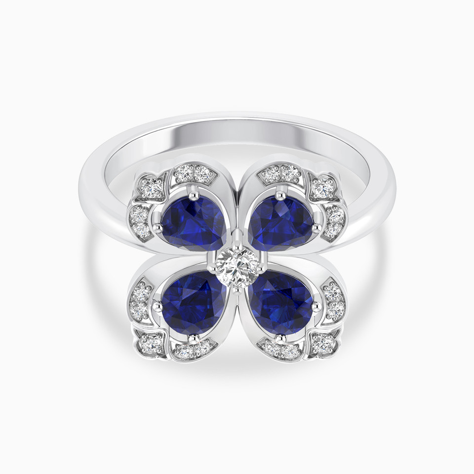 Clover Diamond & Blue Stone Ring in 18K Gold - 2 Clover Diamond & Blue Stone Ring in 18K Gold - 2