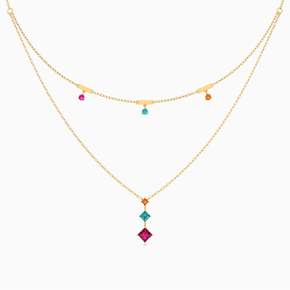 Square Colored Stones Layered Necklace in 18K Gold Square Colored Stones Layered Necklace in 18K Gold