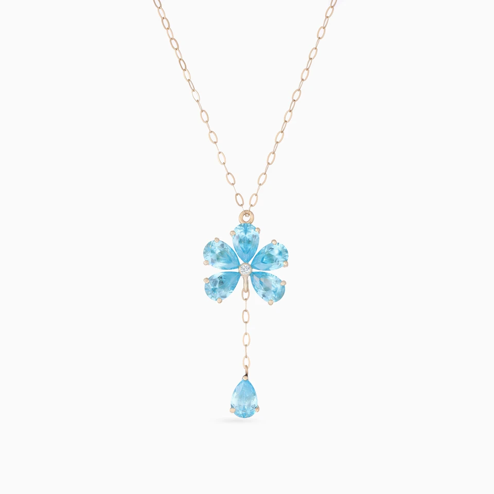 Flower Diamond & Aqua Blue Stones Necklace in 18K Gold Flower Diamond & Aqua Blue Stones Necklace in 18K Gold