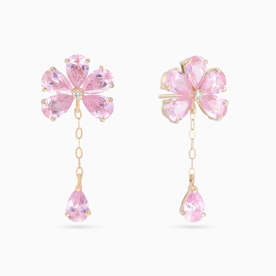 Flower Diamond & Pink Stones Drop Earrings in 18K Gold Flower Diamond & Pink Stones Drop Earrings in 18K Gold