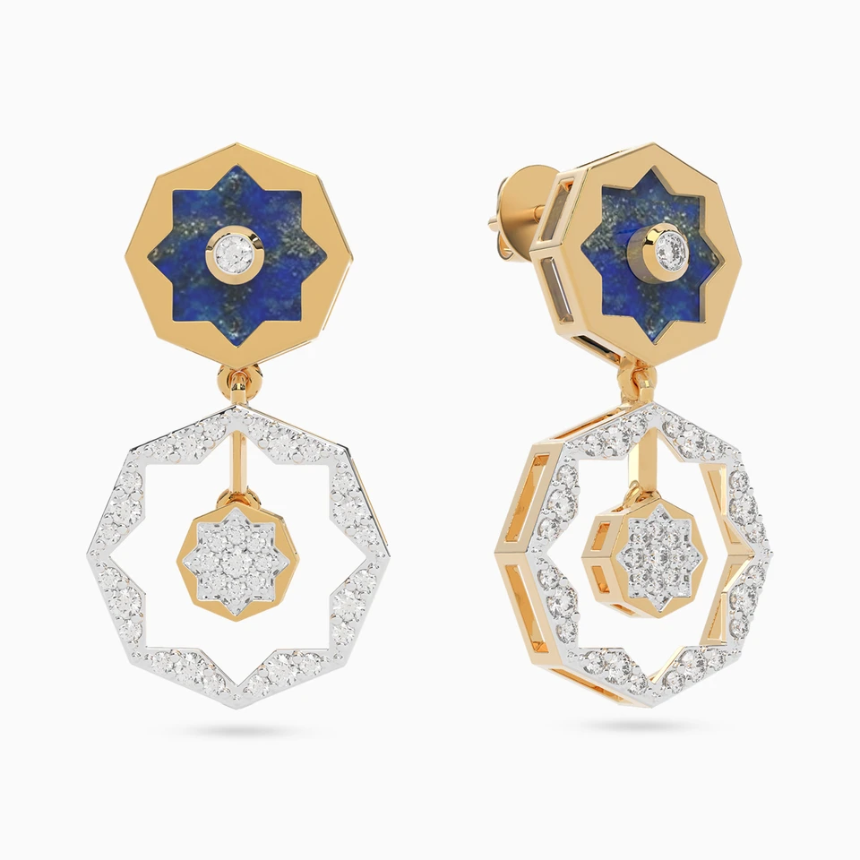 Star Blue Stone & Diamond Drop Earrings In 18K Gold - 2 Star Blue Stone & Diamond Drop Earrings In 18K Gold - 2