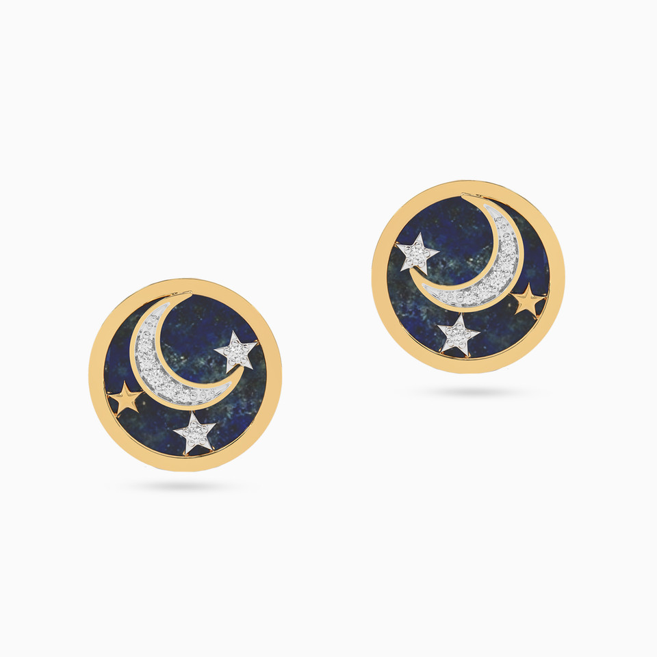 Cresent Blue Stone & Diamond Stud Earrings In 18K Gold - 2 Cresent Blue Stone & Diamond Stud Earrings In 18K Gold - 2