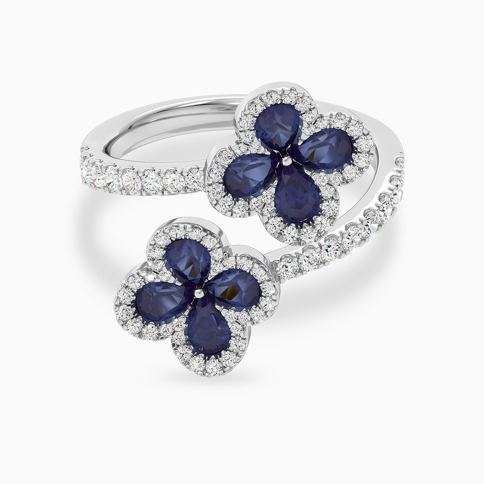 Flower Blue Stone & Diamond Two Headed Ring in 18K Gold - 2 Flower Blue Stone & Diamond Two Headed Ring in 18K Gold - 2