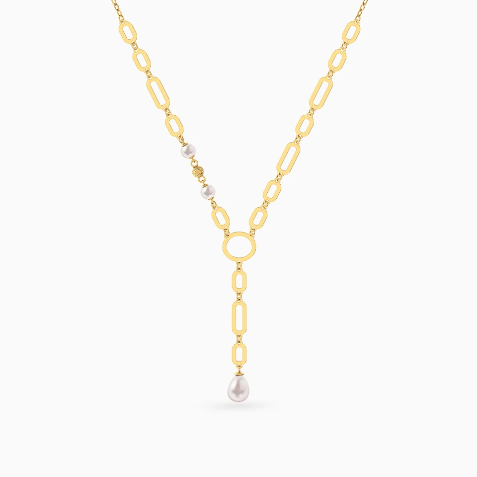 Geometric Chain Pearl Lariat Necklace In 18K Gold Geometric Chain Pearl Lariat Necklace In 18K Gold