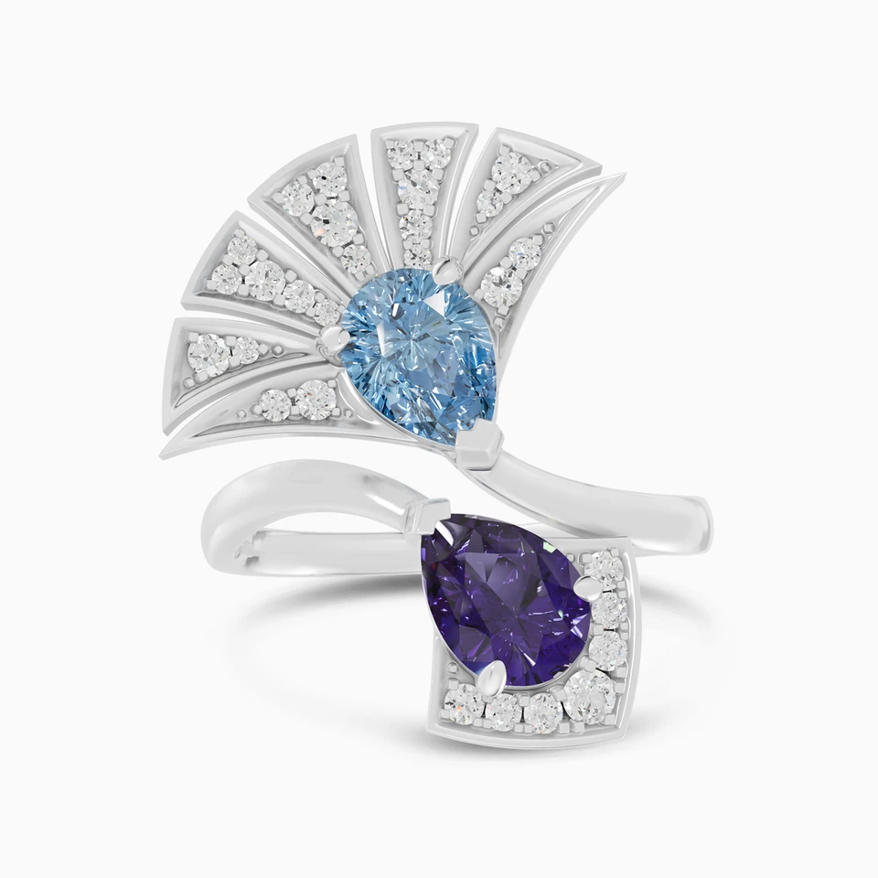 Fan Colored Stones & Diamond Bypass Ring In 18K Gold Fan Colored Stones & Diamond Bypass Ring In 18K Gold