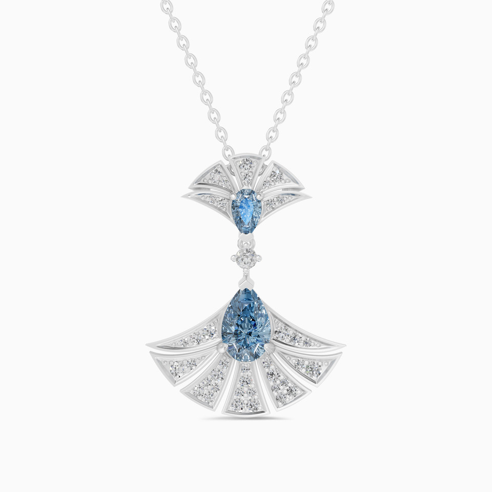 Double Fan Shaped Blue Stones & Diamond Necklace In 18K Gold Double Fan Shaped Blue Stones & Diamond Necklace In 18K Gold