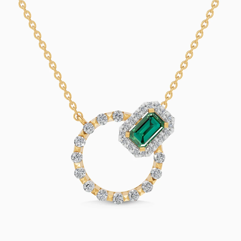Circle & Baguette Green Stone & Diamond Necklace In 18K Gold Circle & Baguette Green Stone & Diamond Necklace In 18K Gold