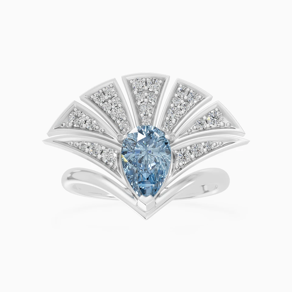 Fan Blue Stone Diamond Pave Ring In 18K Gold - 2 Fan Blue Stone Diamond Pave Ring In 18K Gold - 2