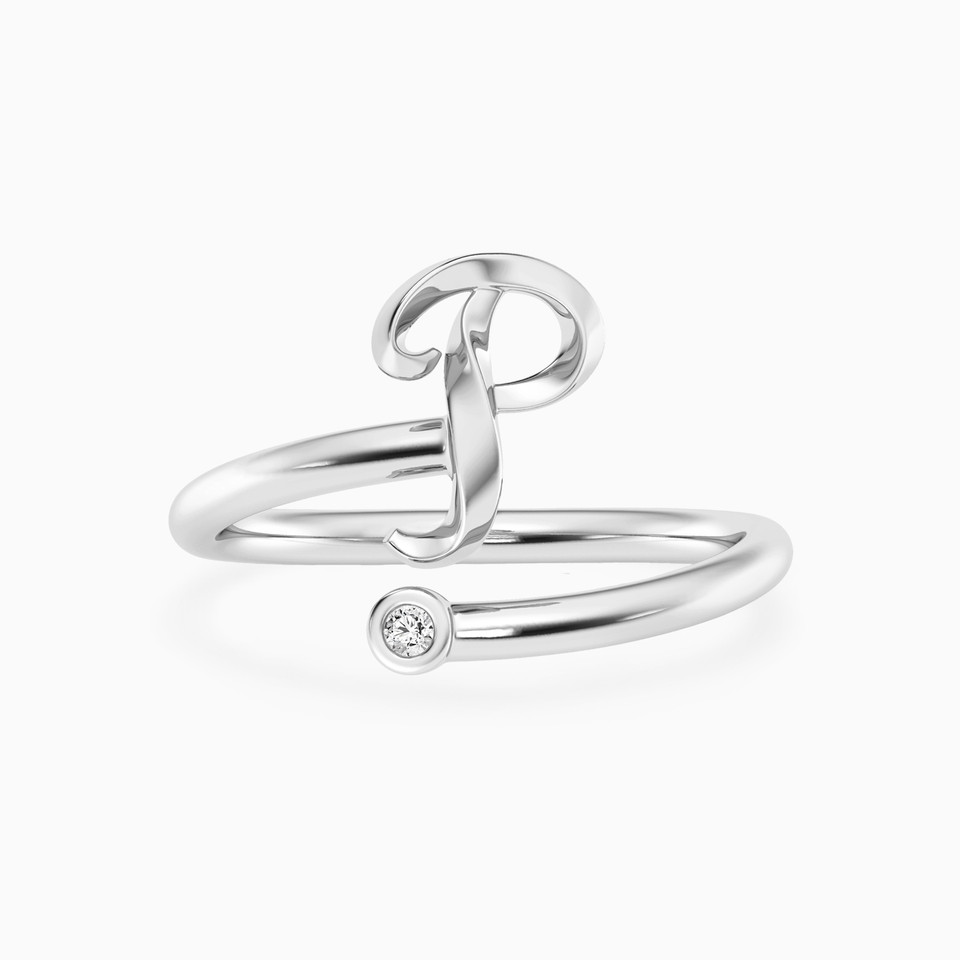 Letter (P) Lab Grown Diamonds Sterling Silver Open Ring Letter (P) Lab Grown Diamonds Sterling Silver Open Ring
