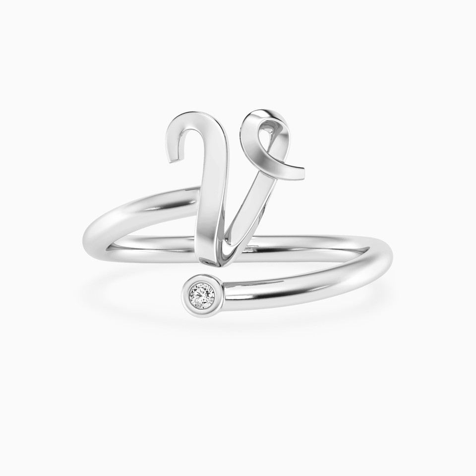 Letter (V) Lab Grown Diamonds Sterling Silver Open Ring Letter (V) Lab Grown Diamonds Sterling Silver Open Ring